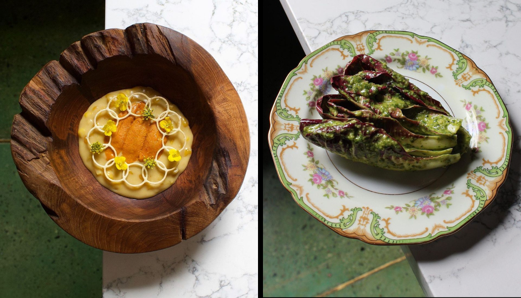 Truffle Creamed Corn & Sea Urchin (left) and Charcoal Grilled A5 Wagyu, Anchovy Agrodolce, Shoshito (right)